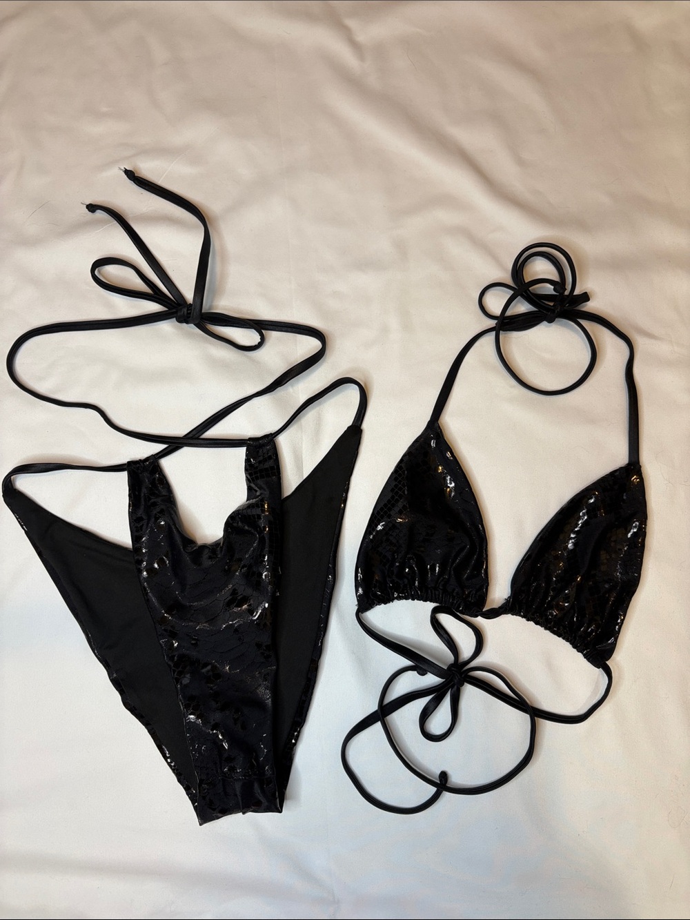 Hard Swimwear Sexy Black Shiny Python Snake Cut Out Strappy Tie Bikini Full Set